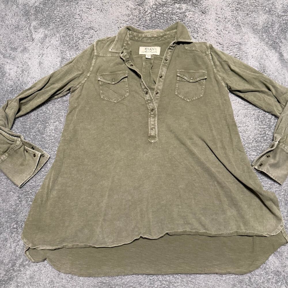 Ryan Michael Shirt Womens medium Quarter Button Long Sleeve Western Green